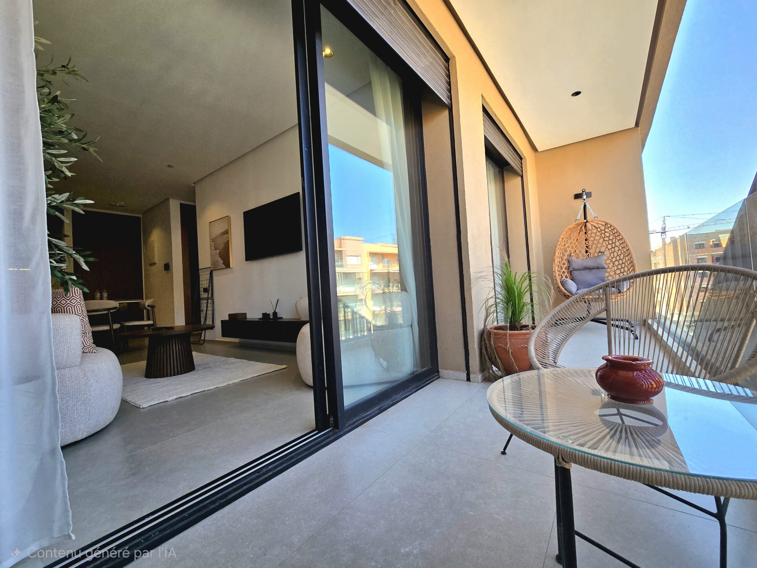 Terrasse d'un appartement en location courte durée avec piscine privée et jardin à Marrakech