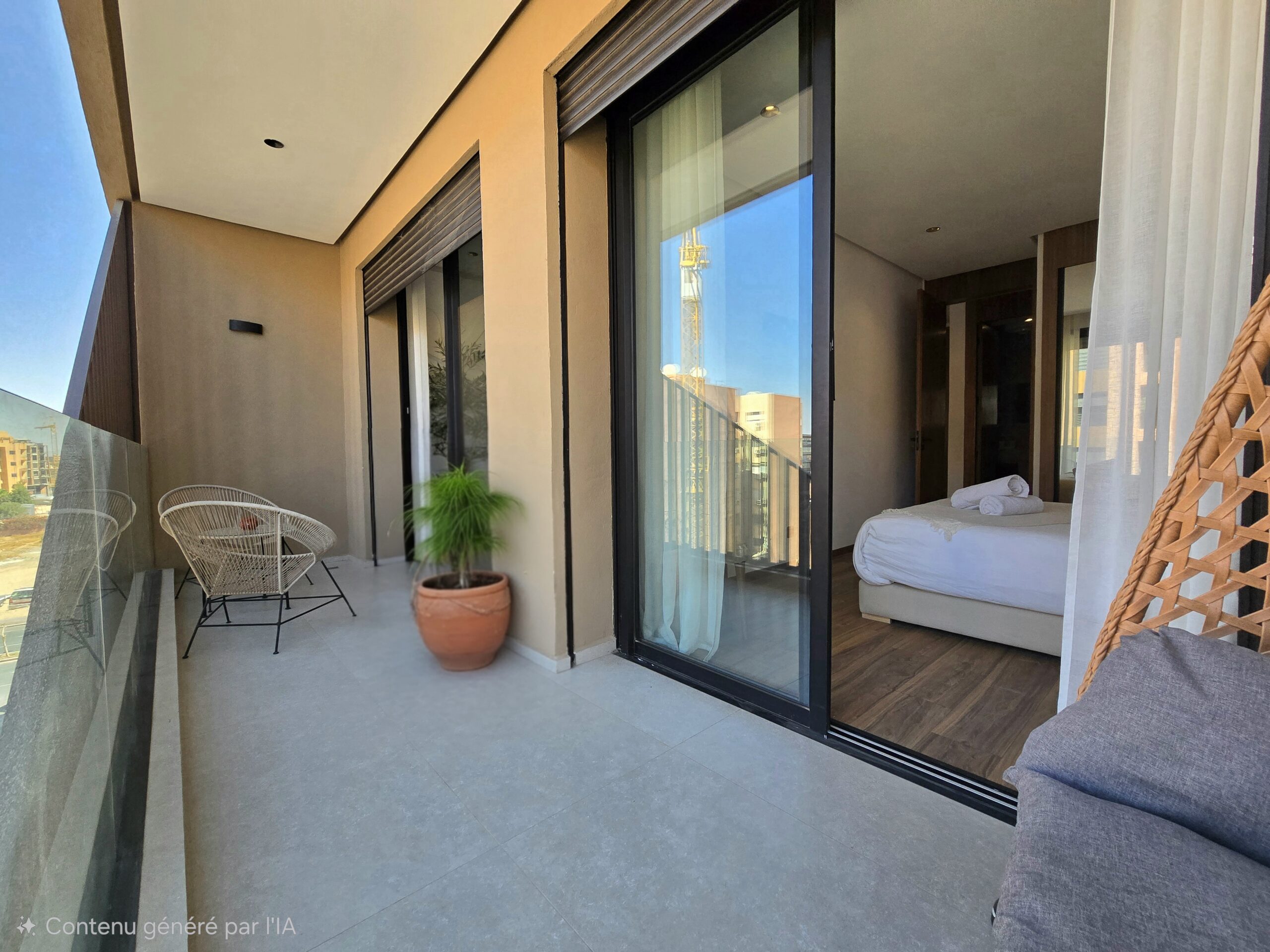Terrasse d'un appartement en location courte durée avec piscine privée et jardin à Marrakech